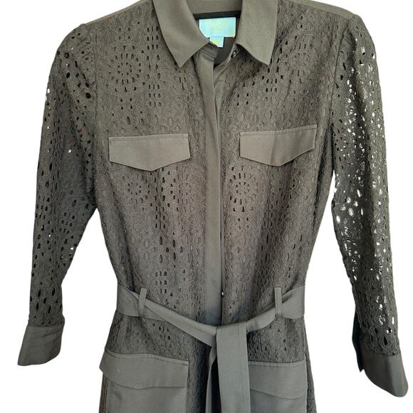 CeCe by Cynthia Steffe Women's Eyelet Crochet Shirt Dress Size 2 in Black - Picture 3 of 5